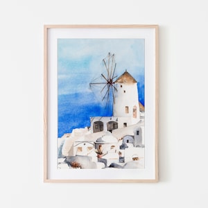 Sunny Santorini, Watercolour Cityscape Art, Wall Decor, Watercolor Prints, Digital Download