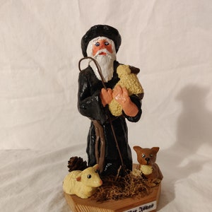 German Ceramic Shepherd Figurine with Wooden Base