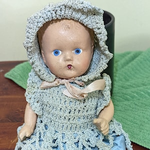 9.5&quot; Bisque Porcelain Vintage Doll Original Crocheted Clothing 1940&#39;s see pictures for condition details