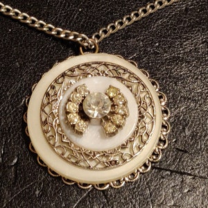 Antique Rhinestone Mother of Pearl Button Pendant Necklace - 16&quot; Silver Plated Chain
