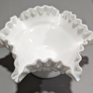 Fenton White Milk Glass Hobnail Glass Bowl Ruffled Edges Approximately 8 x 3.5 inches