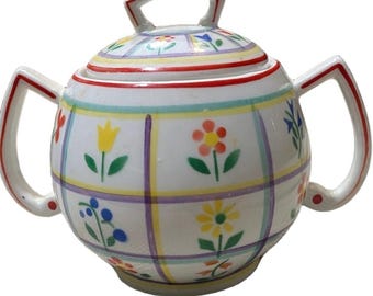 Unbranded Floral Plaid Sugar Bowl with Lid, White/Multicolor 3.25 x 4.25 in