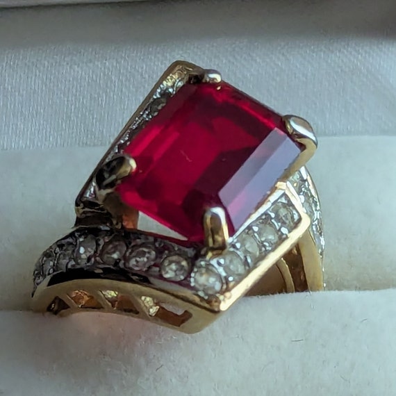 Synthetic Ruby and CZ Statement Ring Vintage Mint… - image 2