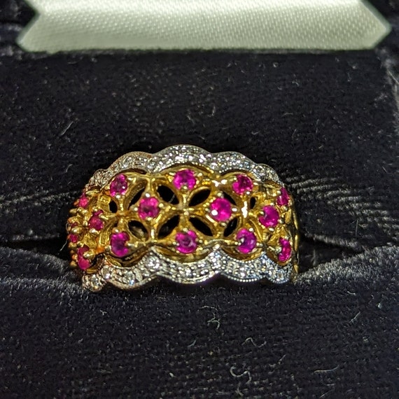 Ruby and Diamond Basket Weave Statement Ring Wome… - image 1