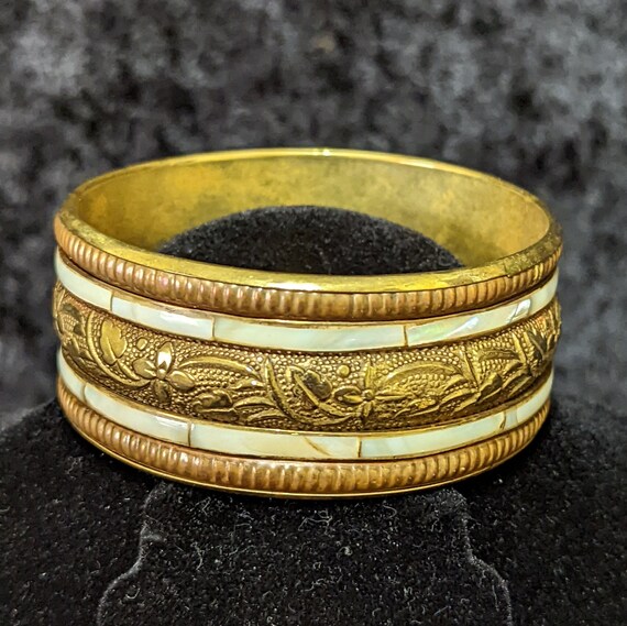 Vintage Brass Bangle Cuff Bracelet with Mother of… - image 2