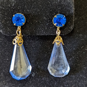 Vintage Blue Glass Bead Clip-on Earrings: 1960s Brass Drop Earrings
