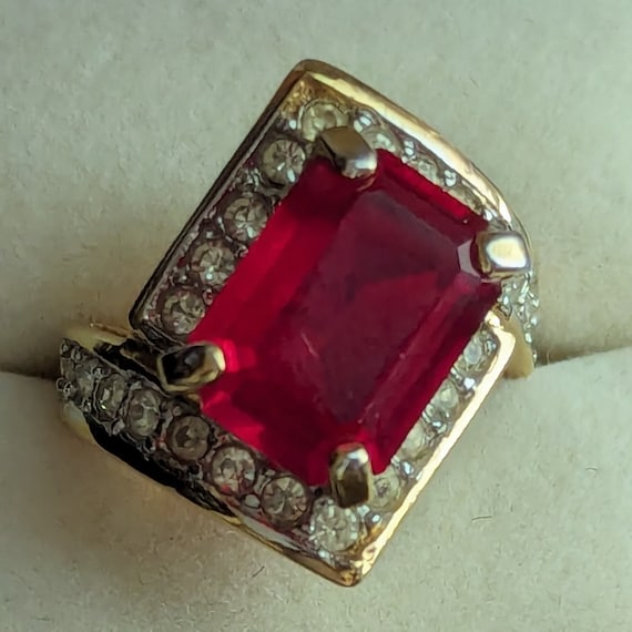 Synthetic Ruby and CZ Statement Ring Vintage Mint… - image 1