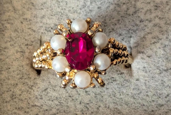 Lab Ruby and Faux Pearl Statement Vintage Stateme… - image 2