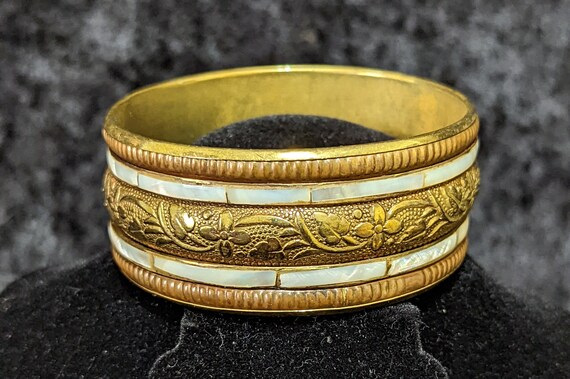 Vintage Brass Bangle Cuff Bracelet with Mother of… - image 1