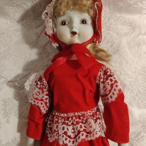 17&quot; Bisque Porcelain Vintage Doll Red Dress Little Red Riding Hood 1920s