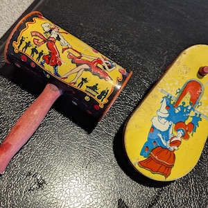2 Vintage Litho Tin Noise Makers Hammer and Spinner Toys 1930s