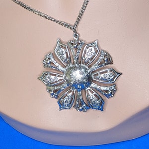 Vintage Silvertone Necklace with Large Pendant 2.2 Inch diameter 22 inches in length