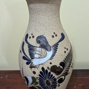 Vintage Tonala Bird Flower Vase Pottery Hand Painted Signed 12 x 7 Inches