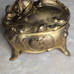 Vintage 1960s Gilded Metal Trinket Box: Art Nouveau Jewelry Casket