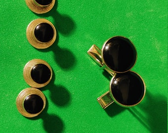 PIONEER Black and Gold Circle Unisex Cufflinks and Tie Clips with Whale Back Closure Vintage 1940s