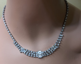 Incredibly Spectacular Vintage Ladies Cubic Zirconia Bridal or Statement Choker Necklace 16 Inches Silver Toned 1950's