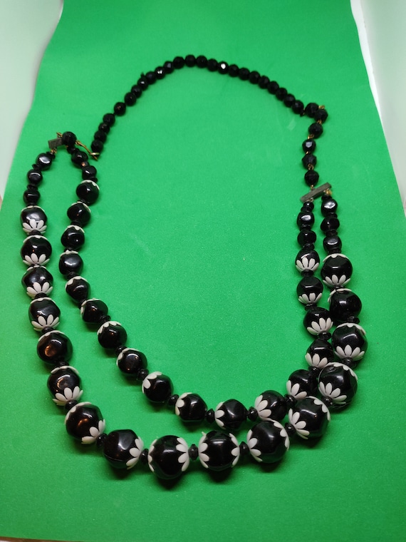 Vintage Black Plastic Beaded Necklace with Plasti… - image 1
