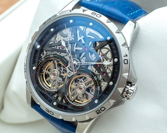 Personalized Mens Fashion Luxury Double Flywheel Automatic Mechanical Skeleton Watch Jewelry Time Piece Silver Blue Leather