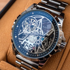 Mens Fashion Luxury Skeleton Automatic Mechanical Skeleton Watch Jewelry Time Piece in Silver Stainless Steel Butterfly Strap