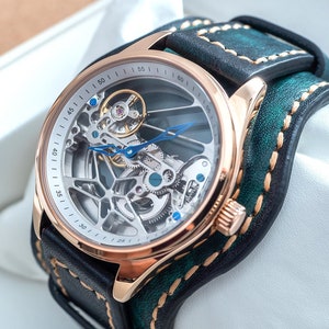 Mens Fashion Luxury Skeleton Automatic Mechanical Skeleton Watch Rose Gold with Green Leather Cuff Strap