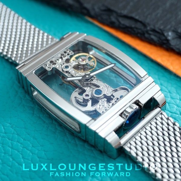 Herenmode luxe skelet handmatig mechanisch horloge zilveren roestvrijstalen gaasband