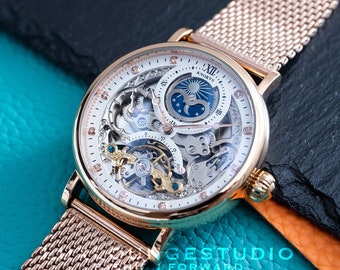 Automatische mechanische Herrenuhr - Dual Time - Rosegold Weißes Zifferblatt - Edelstahl Mesh Armband - Geschenk zum Jahrestag für Ihn