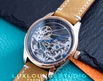 Personalized Automatic Mechanical Skeleton Wrist Watch Rose Gold Black Dial Suede Leather Strap Customized Gift