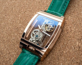 Montre squelette mécanique manuelle de luxe personnalisée pour hommes en cuir vert or rose personnalisée