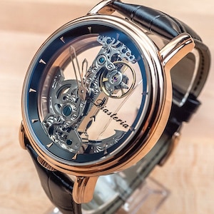 Personalized Automatic Mechanical Skeleton Watch Bridge Movement Rose Gold with Black Leather Strap Customized Gift