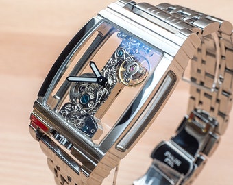 Manual Mechanical Skeleton Watch Bridge Movement Silver Stainless Steel Strap Perfect for Gift