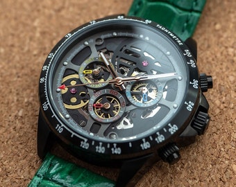 Personalized Mens Fashion Luxury Automatic Mechanical Skeleton Watch Black Dial Green Leather Strap Customized Gift