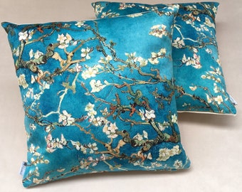 Decorative velvet cushion cover | Van Gogh almond blossom | Handmade Provençal home decor