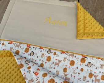 FOREST theme Personalized baby blanket Foxes Hedgehogs Rabbits Squirrels Owls Cotton Minky handmade birth gift child blanket