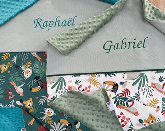 Couverture personnalisée printemps été motifs JUNGLE Vert ou Blanc Verso Minky Idéale naissance Cadeau personnalisé bébé fait-main en France