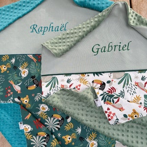 Personalized spring summer blanket JUNGLE patterns Green or White Back Minky Ideal birth Personalized baby gift handmade in France image 1