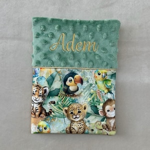 MINIJUNGLE Funda para cartilla sanitaria de bebé personalizada Varios tejidos / Hecho a mano en Francia / Animales de la sabana o de la jungla / Regalo de nacimiento