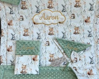 Forest Theme – Personalized Baby Gift Set – Baby Blanket and Matching Accessories – Handmade in France