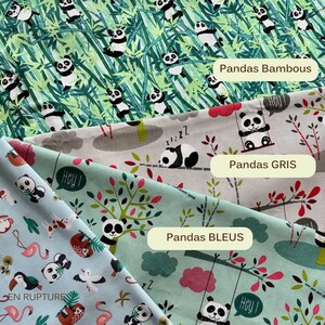 May include: Three fabric swatches with panda bear patterns. One features pandas in bamboo, another has gray pandas with a swing, and the third has blue pandas with other animals. Text on the swatches reads "Pandas Bambous", "Pandas GRIS", and "Pandas BLEUS".