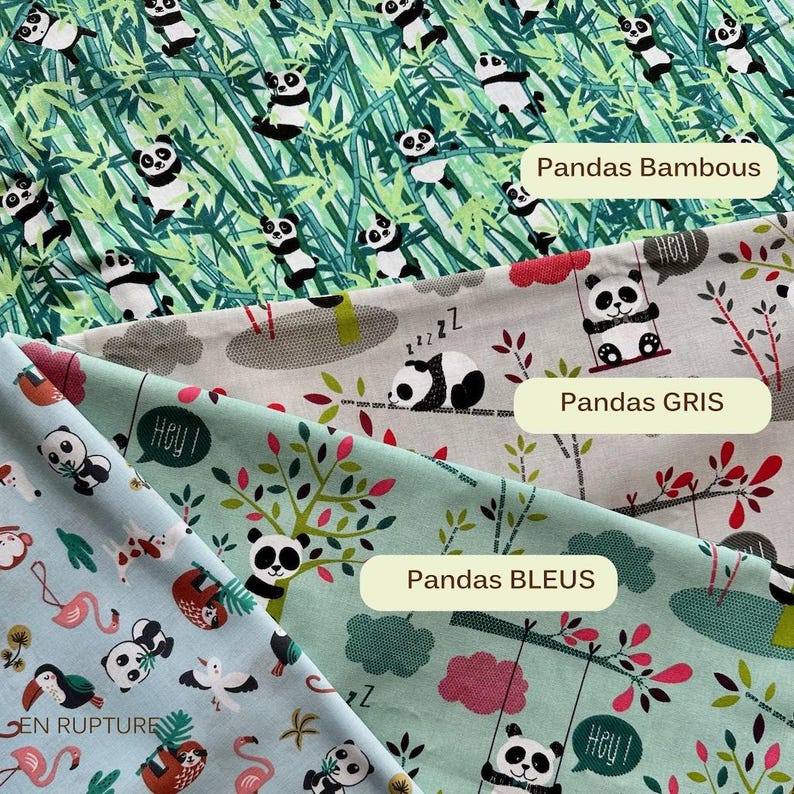 May include: Three fabric swatches with panda bear patterns. One features pandas in bamboo, another has gray pandas with a swing, and the third has blue pandas with other animals. Text on the swatches reads "Pandas Bambous", "Pandas GRIS", and "Pandas BLEUS".