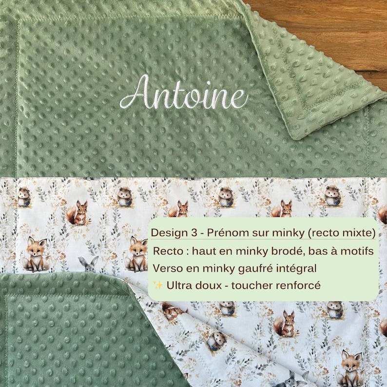 May include: A sage green baby blanket with the name "Antoine" embroidered in white script. The blanket features a textured top and a bottom with a woodland animal print, including foxes and hedgehogs.
