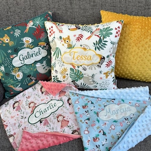 Coussin personnalisé idéal MATERNELLE sieste ou cadeau naissance / Coton à motifs et minky / Fait-main en France/ Livraison en point relais