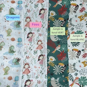 May include: Four fabric swatches with different patterns. One features dragons on a white background, another has fairies, and two jungle-themed designs with toucans and monkeys, one on a green and one on a white background. The text labels each design.
