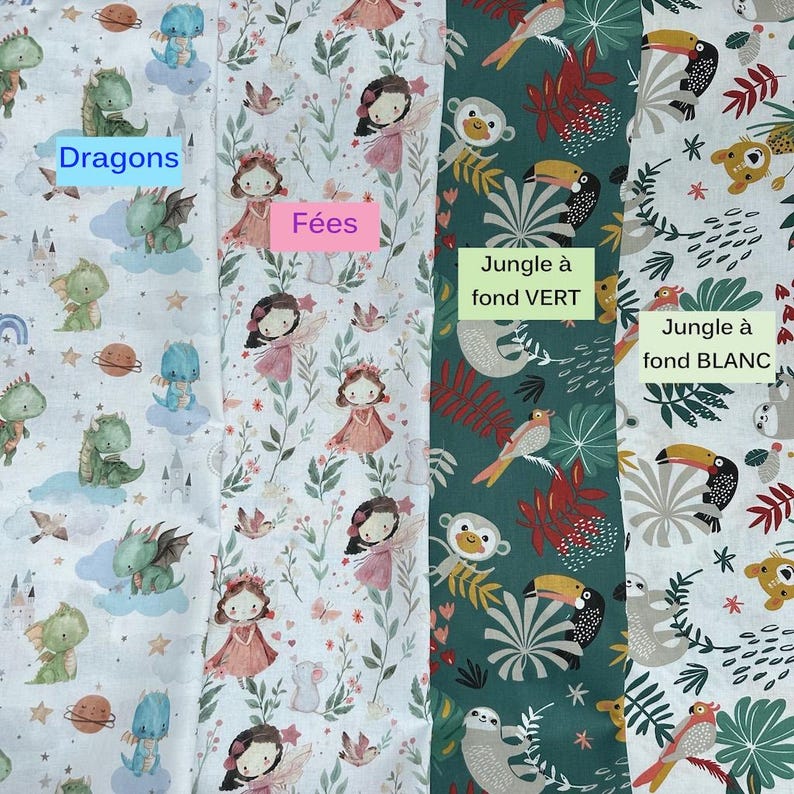 May include: Four fabric swatches with different patterns. One features dragons on a white background, another has fairies, and two jungle-themed designs with toucans and monkeys, one on a green and one on a white background. The text labels each design.