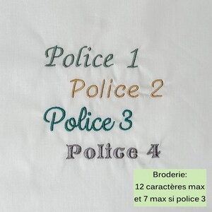 May include: White fabric with embroidered text in various colors. The text reads "Police 1", "Police 2", "Police 3", and "Police 4". The embroidery is in shades of green, gold, teal, and gray. Additional text in French indicates embroidery details.