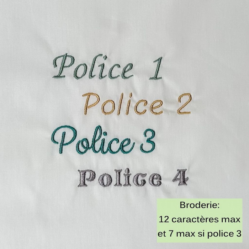 May include: White fabric with embroidered text in various colors. The text reads "Police 1", "Police 2", "Police 3", and "Police 4". The embroidery is in shades of green, gold, teal, and gray. Additional text in French indicates embroidery details.
