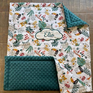 Couverture bébé personnalisée Jungle à fond BLANC Coton et Minky Nombreux coloris Fait-main en France Livraison Domicile ou point Relais image 13