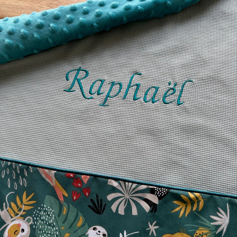 Personalized spring summer blanket JUNGLE patterns Green or White Back Minky Ideal birth Personalized baby gift handmade in France image 7