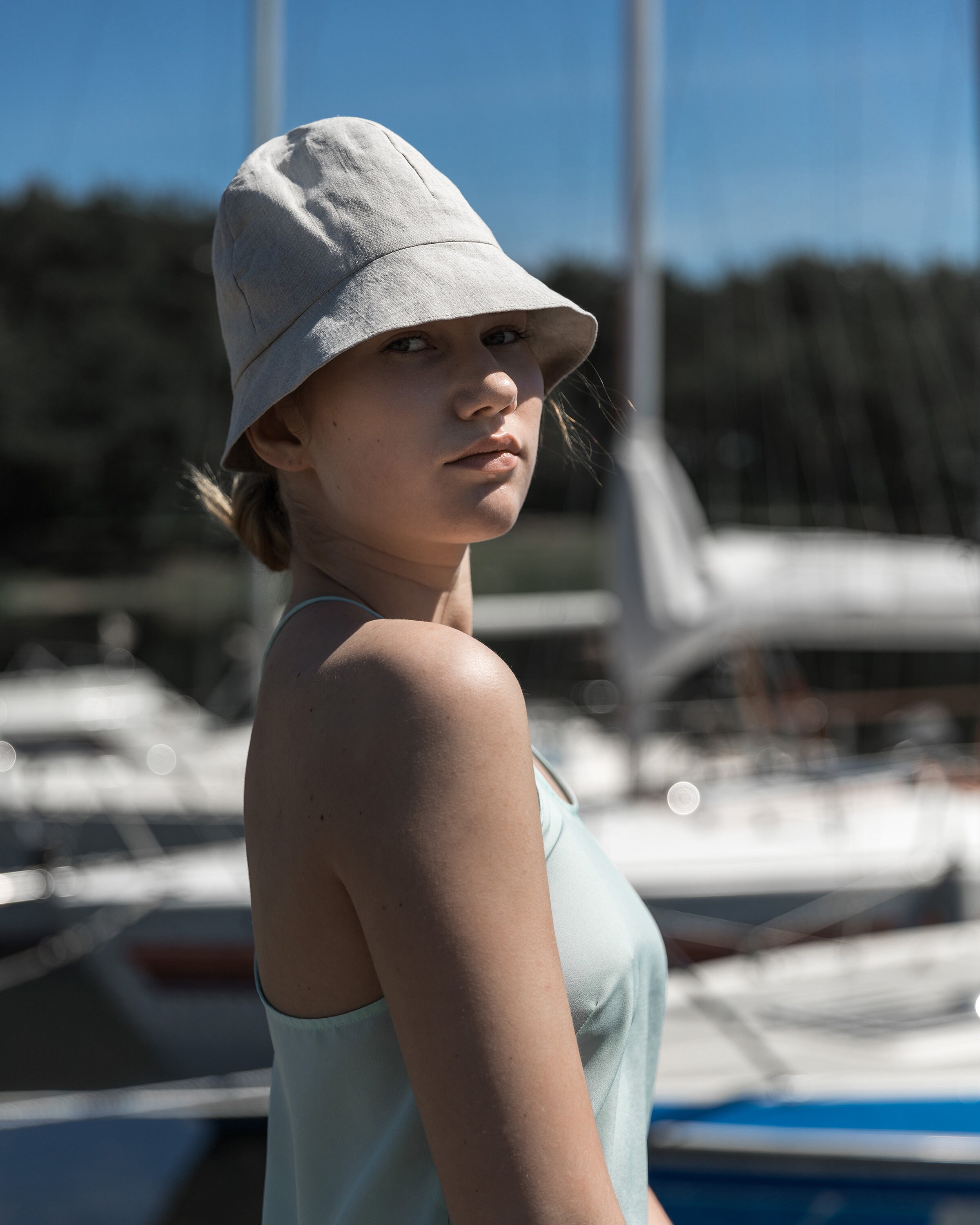 Cloche Fabric Sun Hat Linen Plain Color 