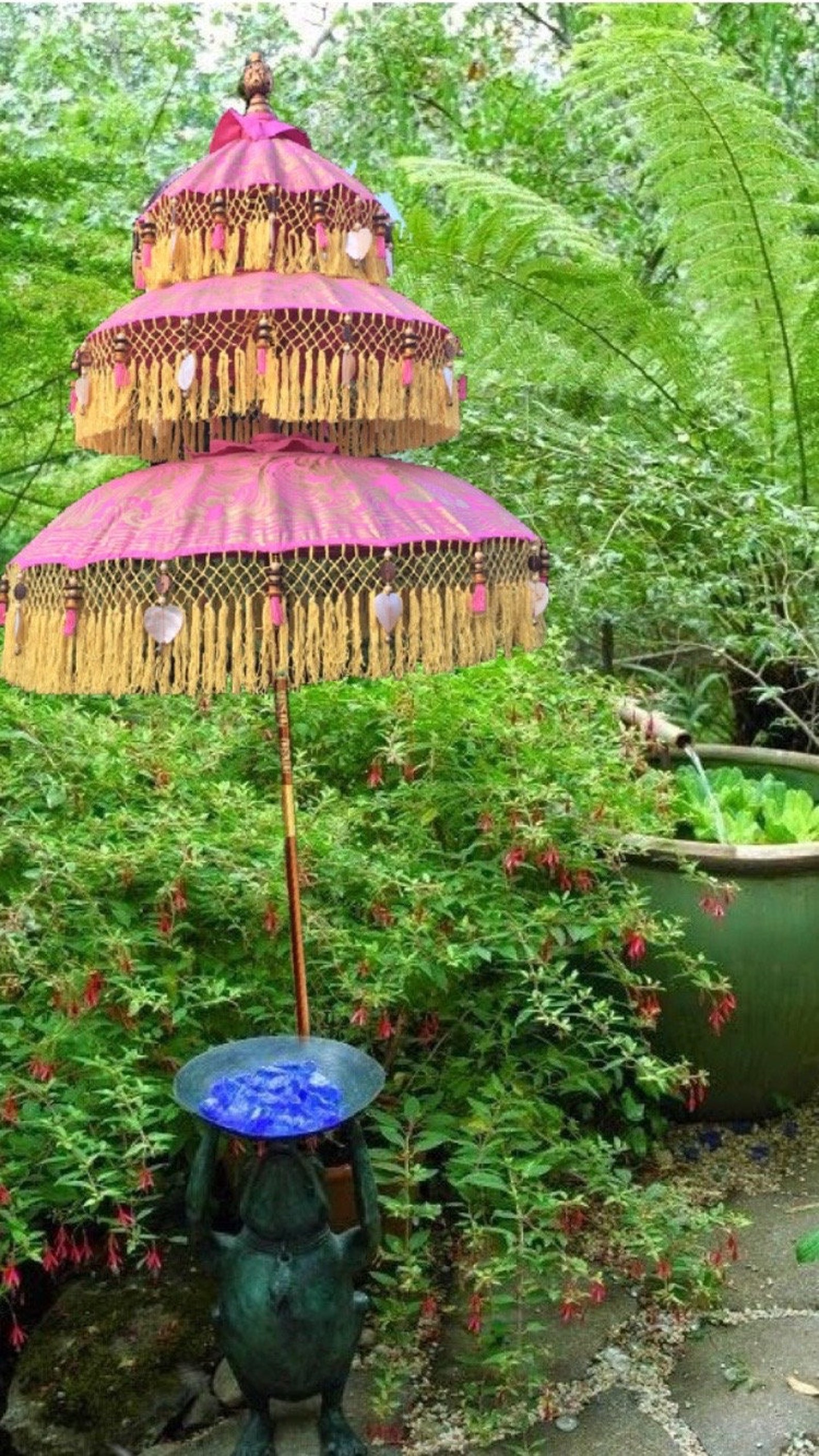 Bali Triple Temple Umbrella Cerise Pink With Yellow Fringe Etsy