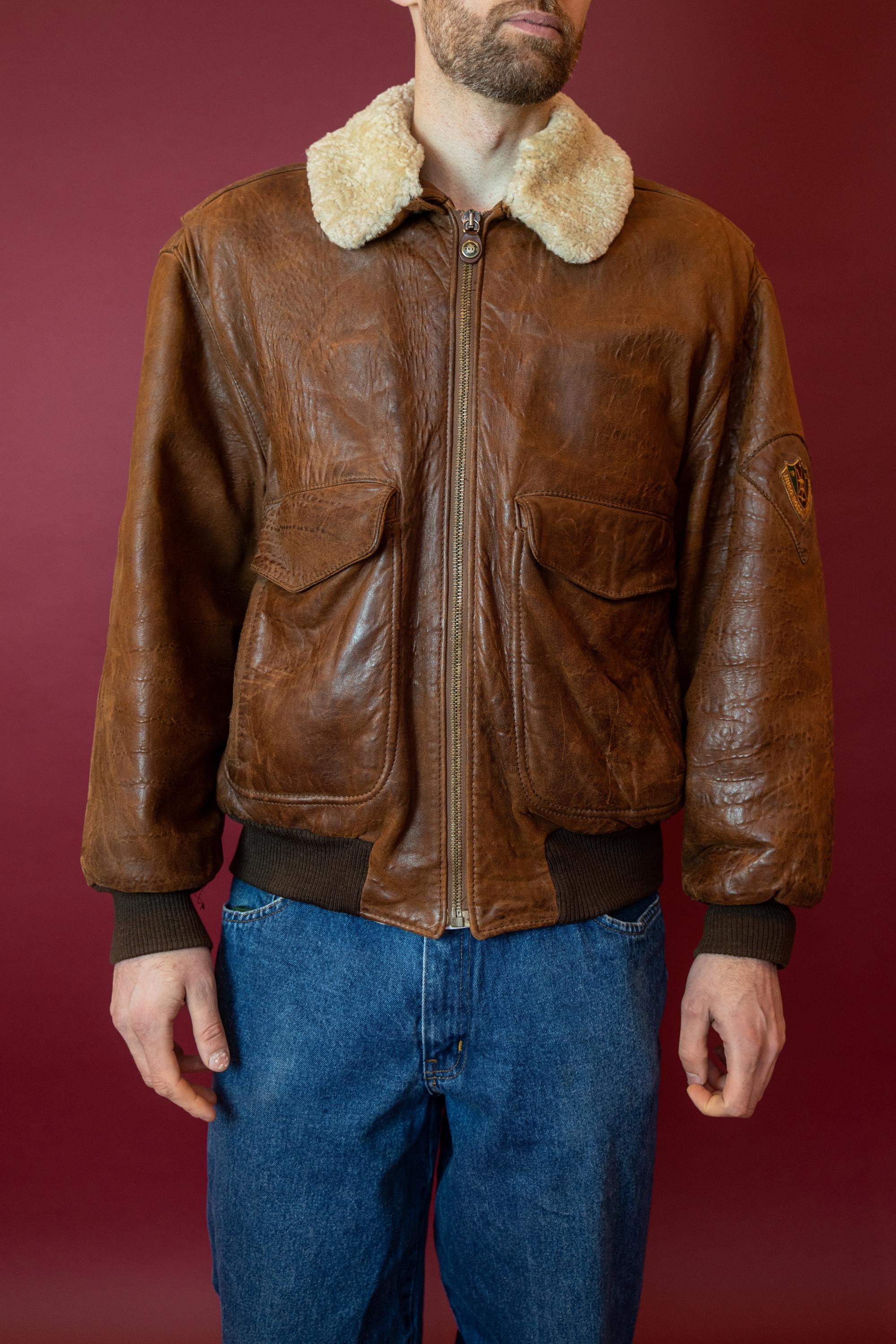 70s HUGO BOSS Brown Leather Shearling Bomber (L-XL) - Etsy Canada